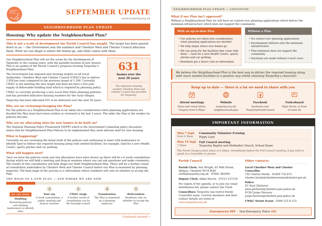 Sept Update (as seen in Tarporley Talk)